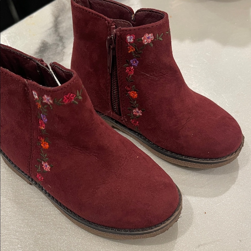 Gymboree Burgundy Suede Ankle Boots with Floral Embroidery